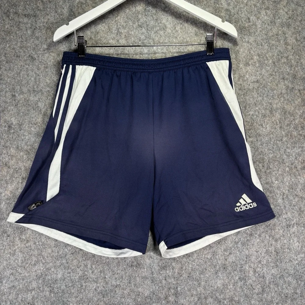 VTG‎ 2004 Adidas Soccer Shorts Navy white Mens L FADED SPOT NO DRAWSTRING READ